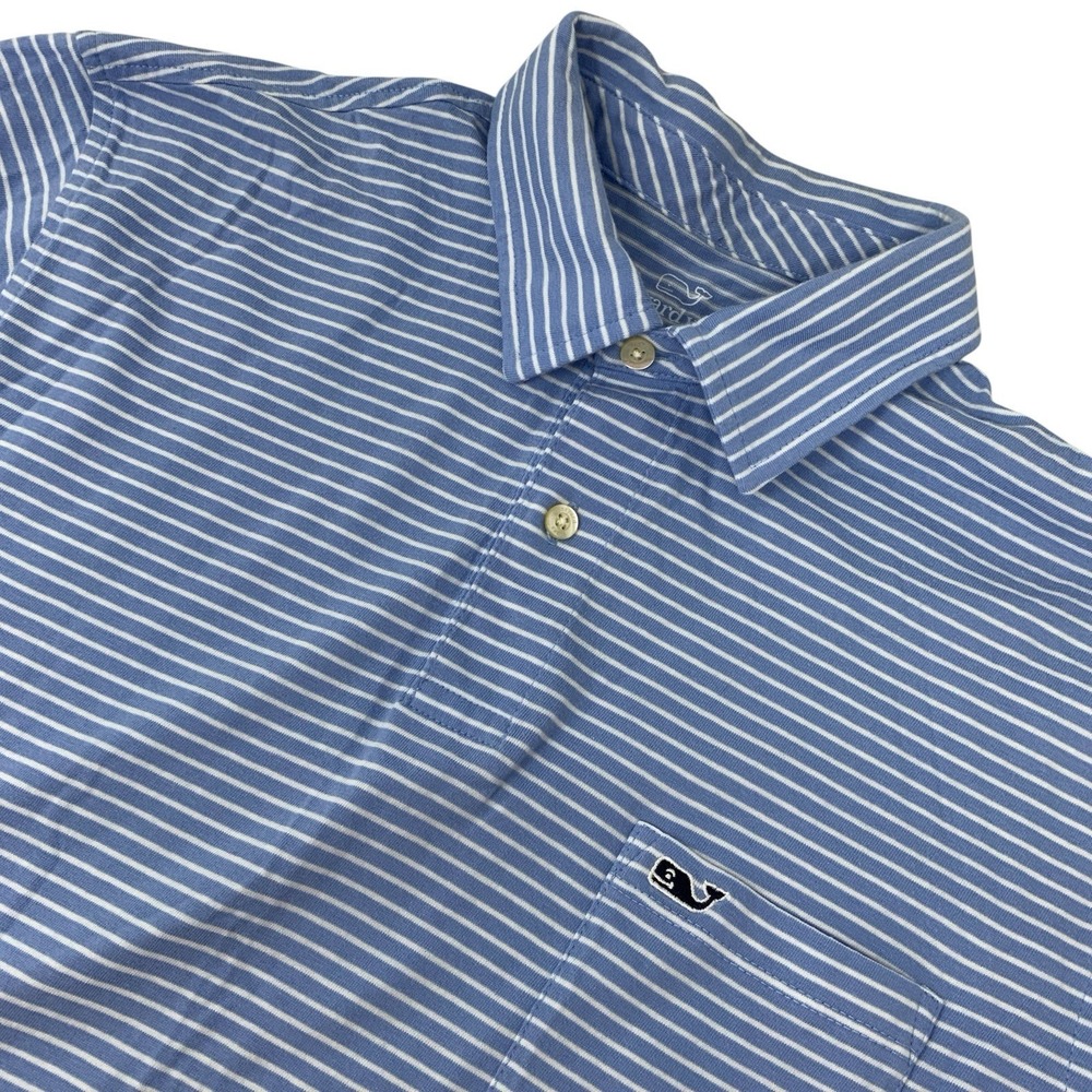 Vineyard Vines Mens Medium Blue White Strip Cotton Polo Shirt Whale Logo Pocket